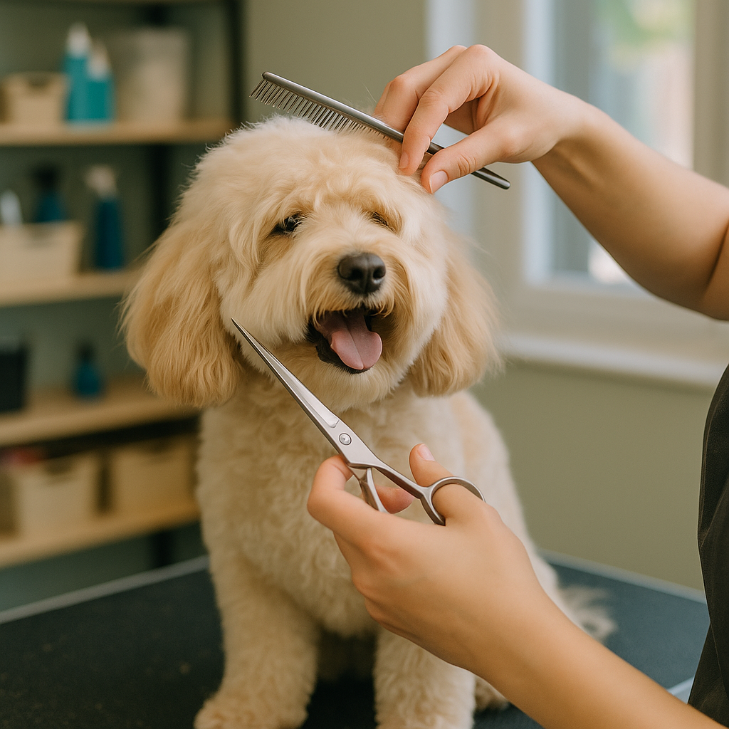 Dog being groomed with scissors