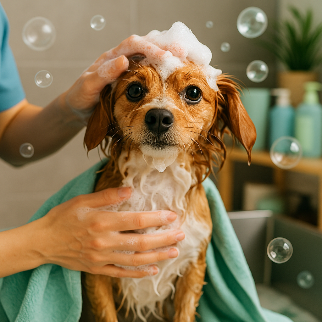 Dog receiving a relaxing wash